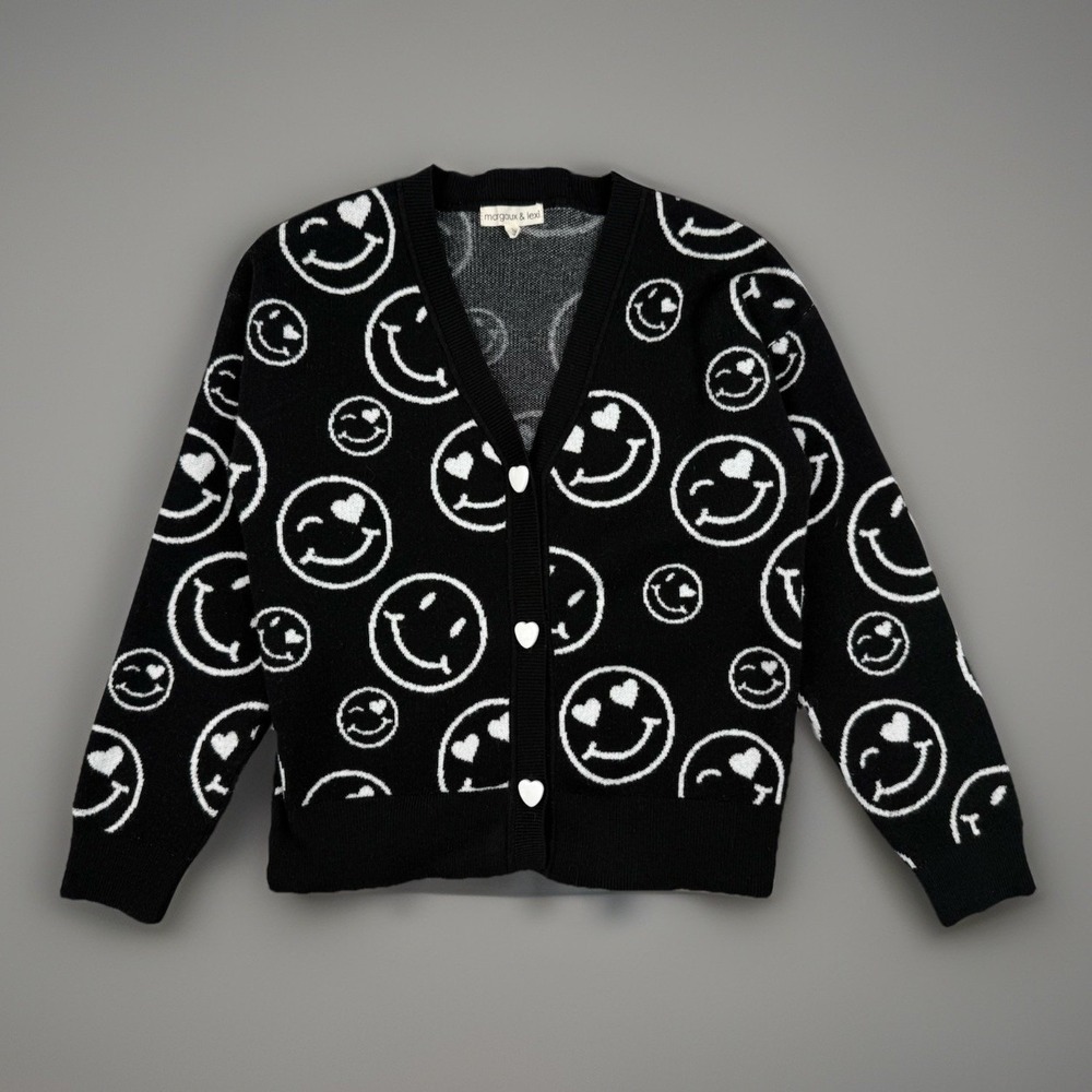 y2k smiley face cardigan emo grunge black heart eyes cropped